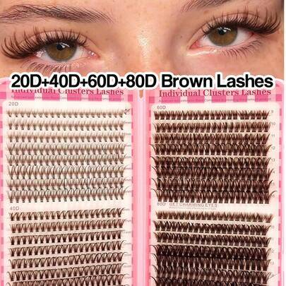 640 st bruna lösögonfransar i bok med D-curl, 20D+40D+60D+80D, DIY-fransar, naturliga, fluffiga, lätta, mjuka, återanvändbara singelklusterfransar, lä