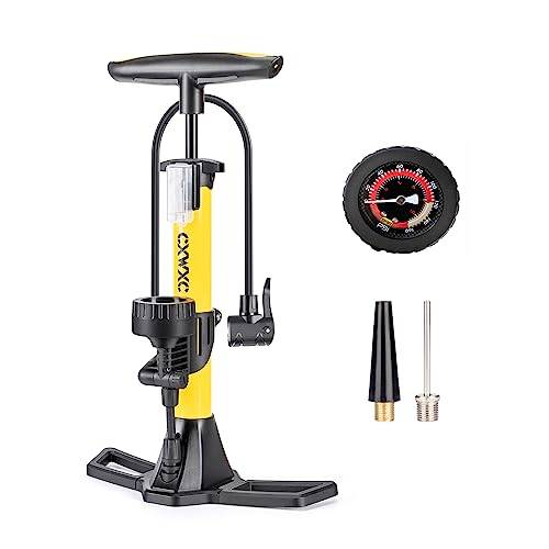 CXWXC Stående Cykelpump med Tryckmätare 11 bar/160 PSI, Kompatibel med Prestavalv/Schradervalv/Dunlopvalv, För Vägcykel, E-cykel & Mountainbike (gul)