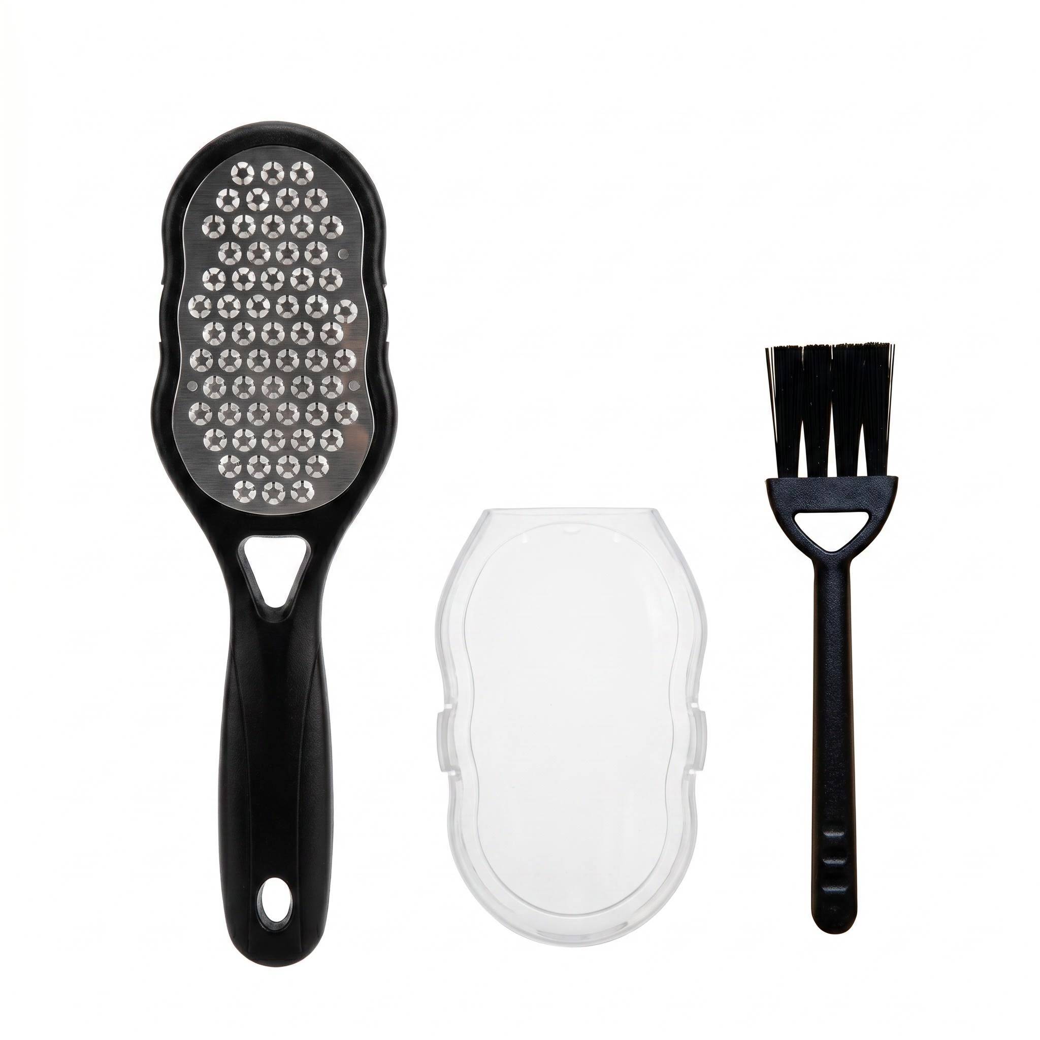 3pcs Upgraded Foot File Remover Set, Stainless Steel Foot Scraper Rasp With Dust Storage Cover And Cleaning Brush, Ergonomic Handle Gentle Dead Skin Remover Tool For Home Pedicure Spa