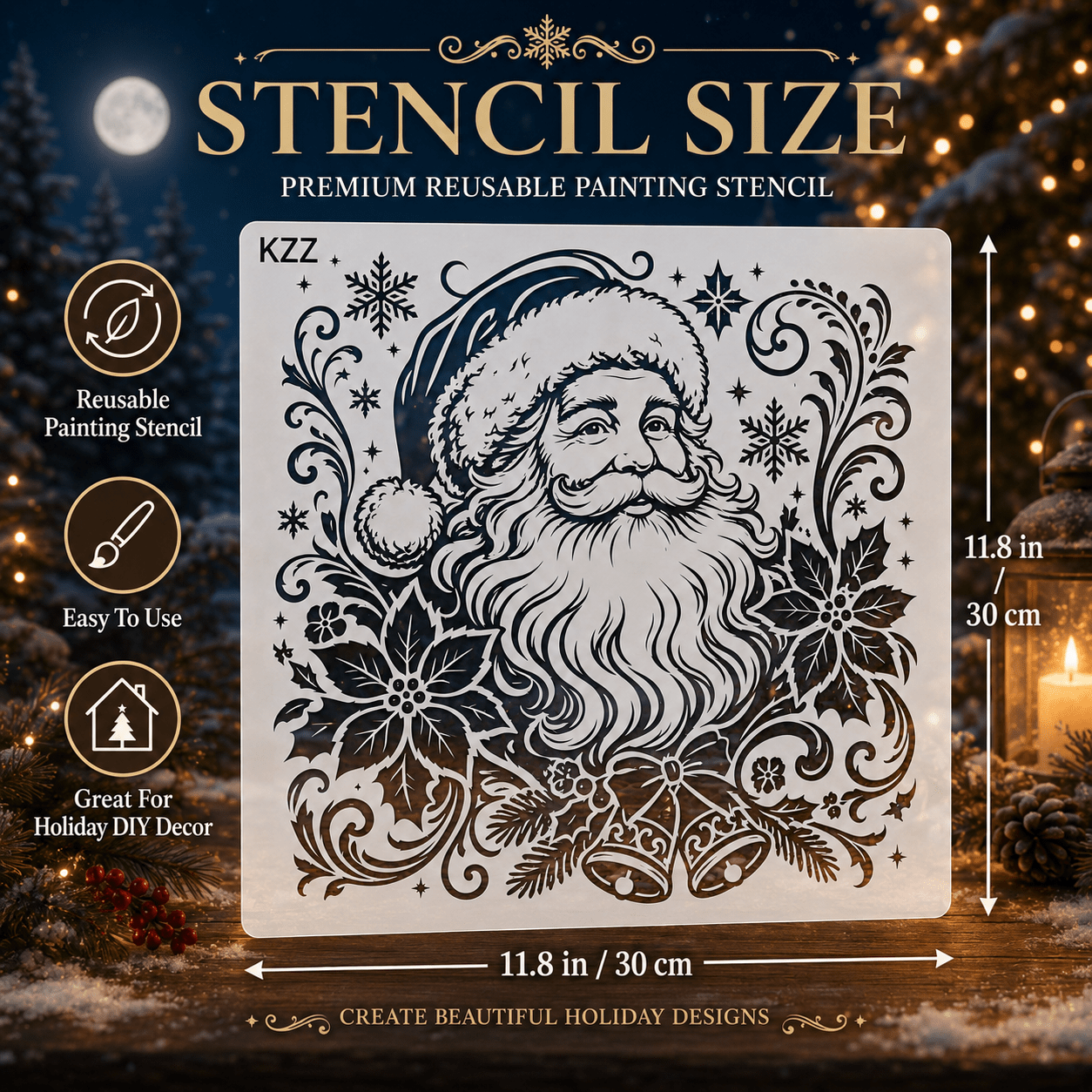 Kzz Large Santa Claus Stencil, Detailed Reusable Painting Template With Snowflakes Poinsettias Bells And Ornate Designs For Wall Canvas Fabric Tote Bag And Holiday Decor
