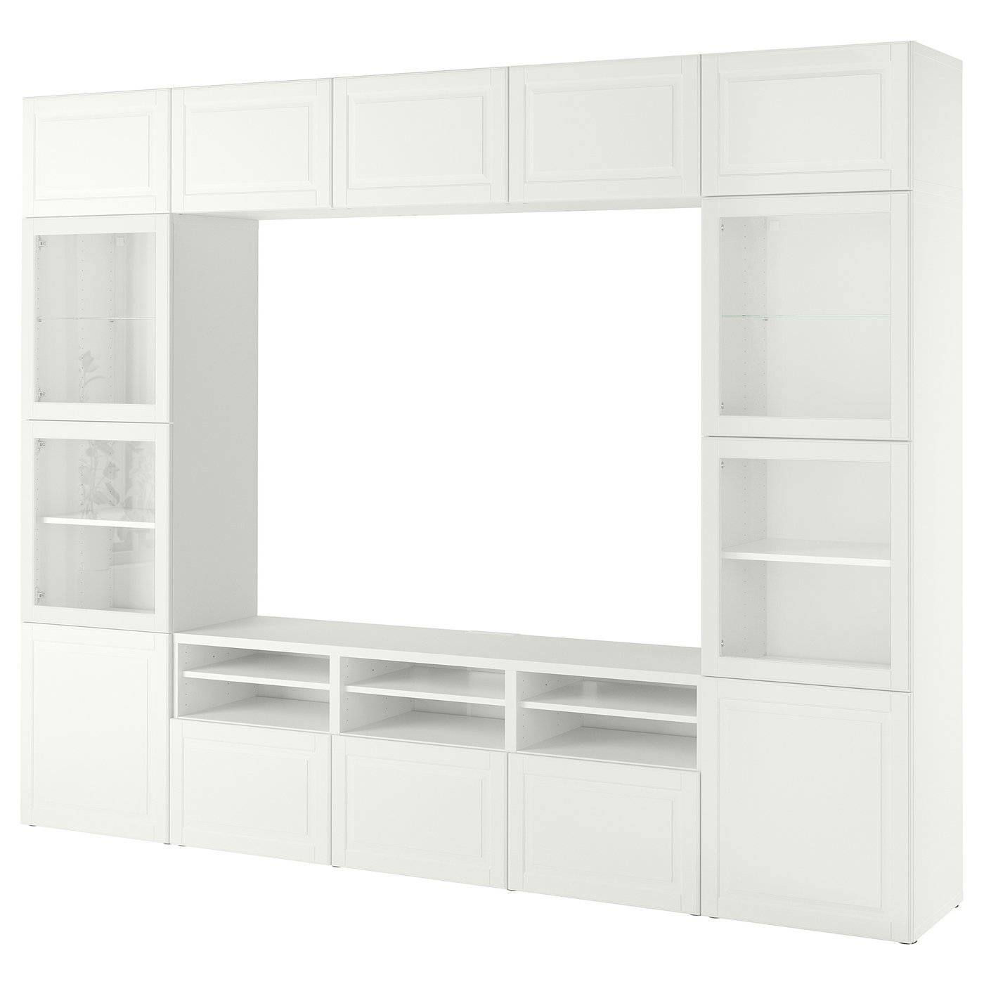 BESTÅ tv-förvaring kombination/glasdörrar, vit Smeviken/Ostvik vit klarglas, 300x42x231 cm