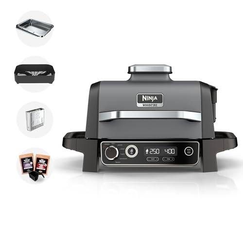 Ninja OG701UK Woodfire Electric BBQ Grill & Rökare, 7-i-1 utomhusgrill och luftfryer, rostning, bakning, dehydrering, användning Woodfire Pellets, väderbeständig, non-stick, bärbar, elektrisk,