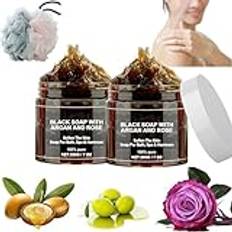 Marocko svart Beldi-tvål, Marocko svart Beldi-tvål, svart tvål med argan och ros, afrikansk svart tvålstång exfolierande tvål, afrikansk svart tvålstång för kroppsvård (2 st)