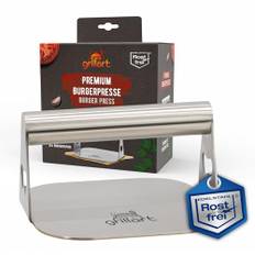 Grillart® Premium burgerpress av högkvalitativt rostfritt stål för smashed hamburgare inkl. 30 st. hamburgarpapper – hamburgare smasher för Plancha & Teppanyaki – grillpress av rostfritt stål