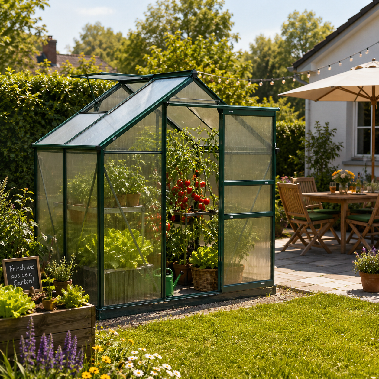 Drivhus med tagvindue, aluminiumsdrivhus, 190 cm x 132 cm x 201 cm, grøn + transparent.