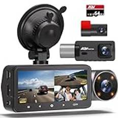 AQV Dashcam bil 1440P+1080P+1080P trippel bakre kamera inomhus, 24 timmars parkeringsövervakning, IR, G-sensor, loopinspelning, omvänd hjälp, max 128 GB