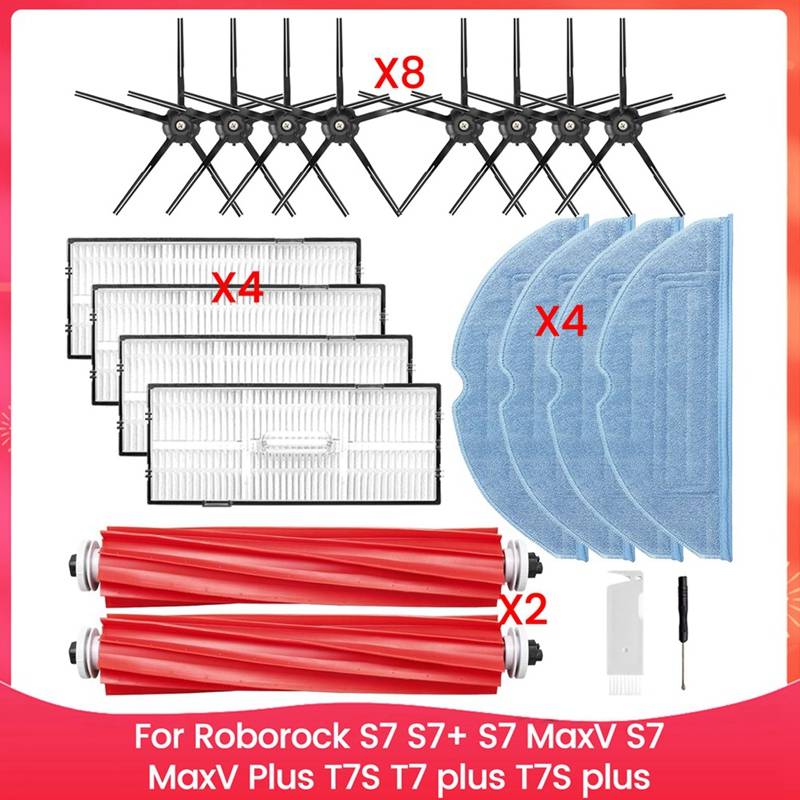 For Roborock S7 S7+ S7 Maxv, S7 Maxv Plus T7S T7 Plus T7S Plus Robot Vacuum Accessories Kit Brush Filter Mops