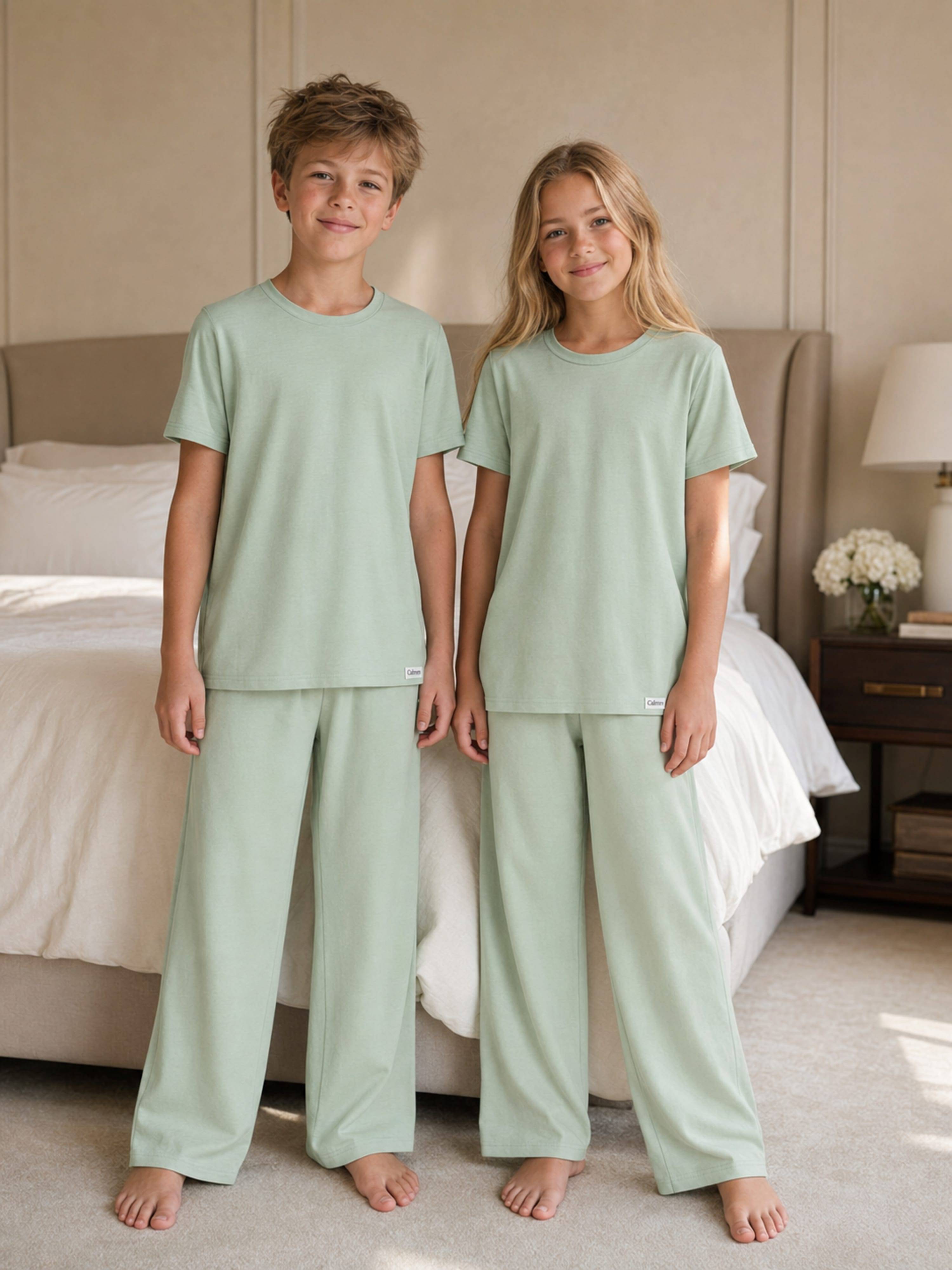 Calmm Kids Short Sleeve Loungewear in Green - Green / 7 - 8 Yrs (7 - 8 Yrs)