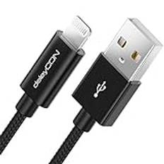 deleyCON 2m Lightning 8 Pin Laddningskabel USB-Kabel Apple MFI Kompatibel med iPhone 14 Pro Max 14 Pro 14 Plus 14 SE 13 Pro Max 13 Pro 13 Mini 12 Pro Max 12 Pro Metallkontakt & Nylonkabel - Svart