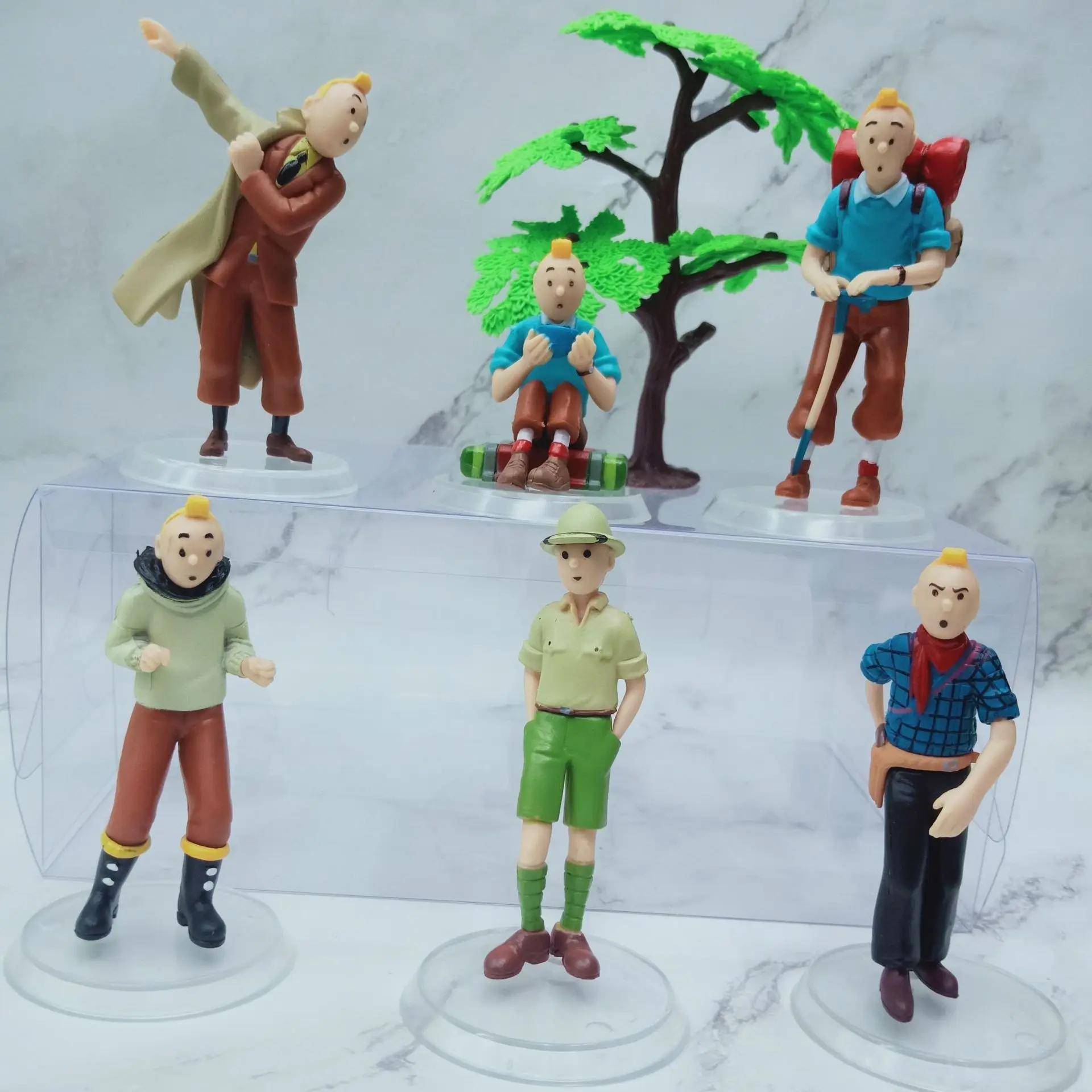 6 st Tecknad Anime Tintins Äventyr Actionfigurer Söta Seriefigur Tintin Milou Dupont PVC Leksaker Gåvor Perfekt För Barn gray