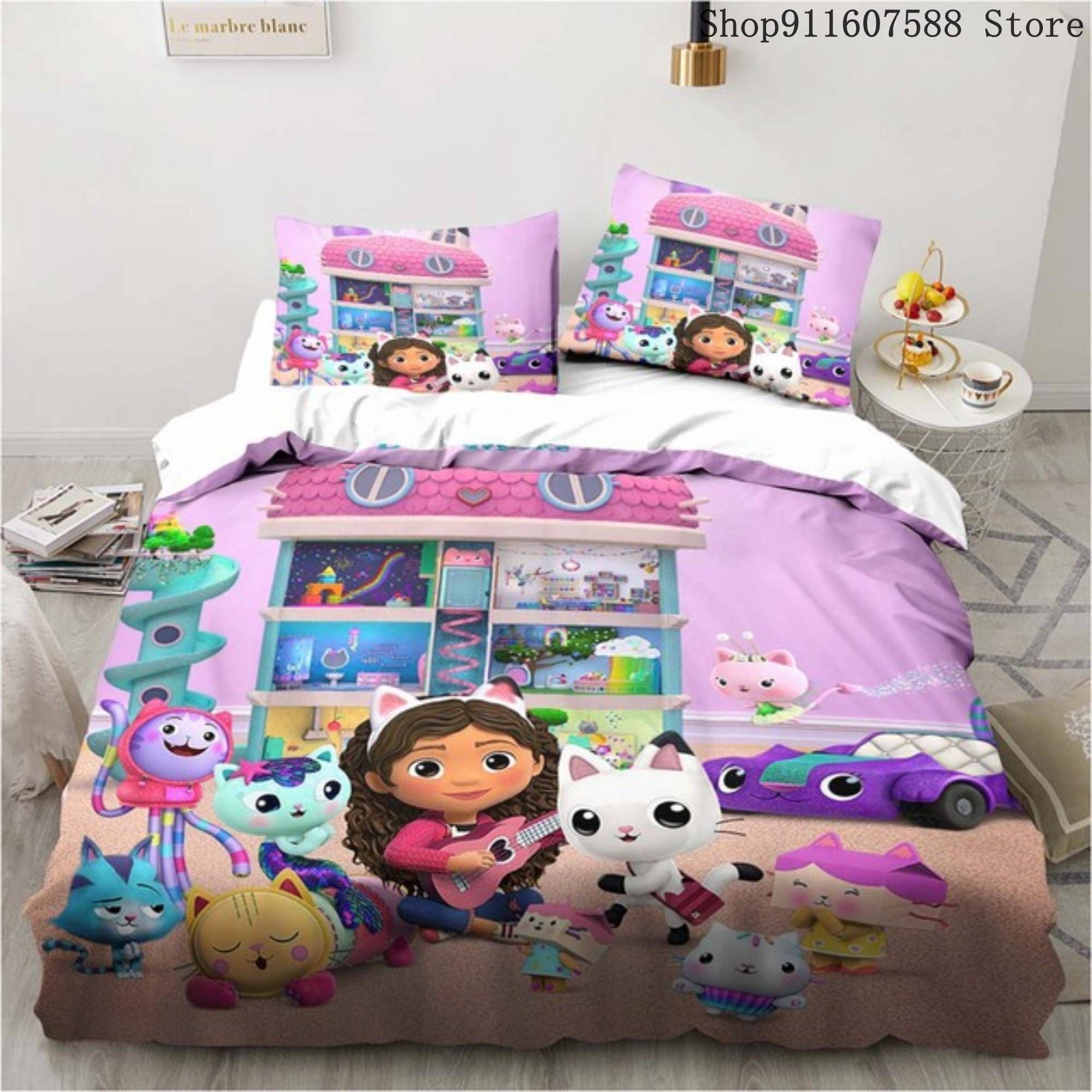 Gabbys dockhus Sängklädesset Kawaii Sänglinneset Enkel Dubbel Storlek Heminredning För Flickor Barn Tecknad Söt Katt Påslakanset EU Double200x200cm