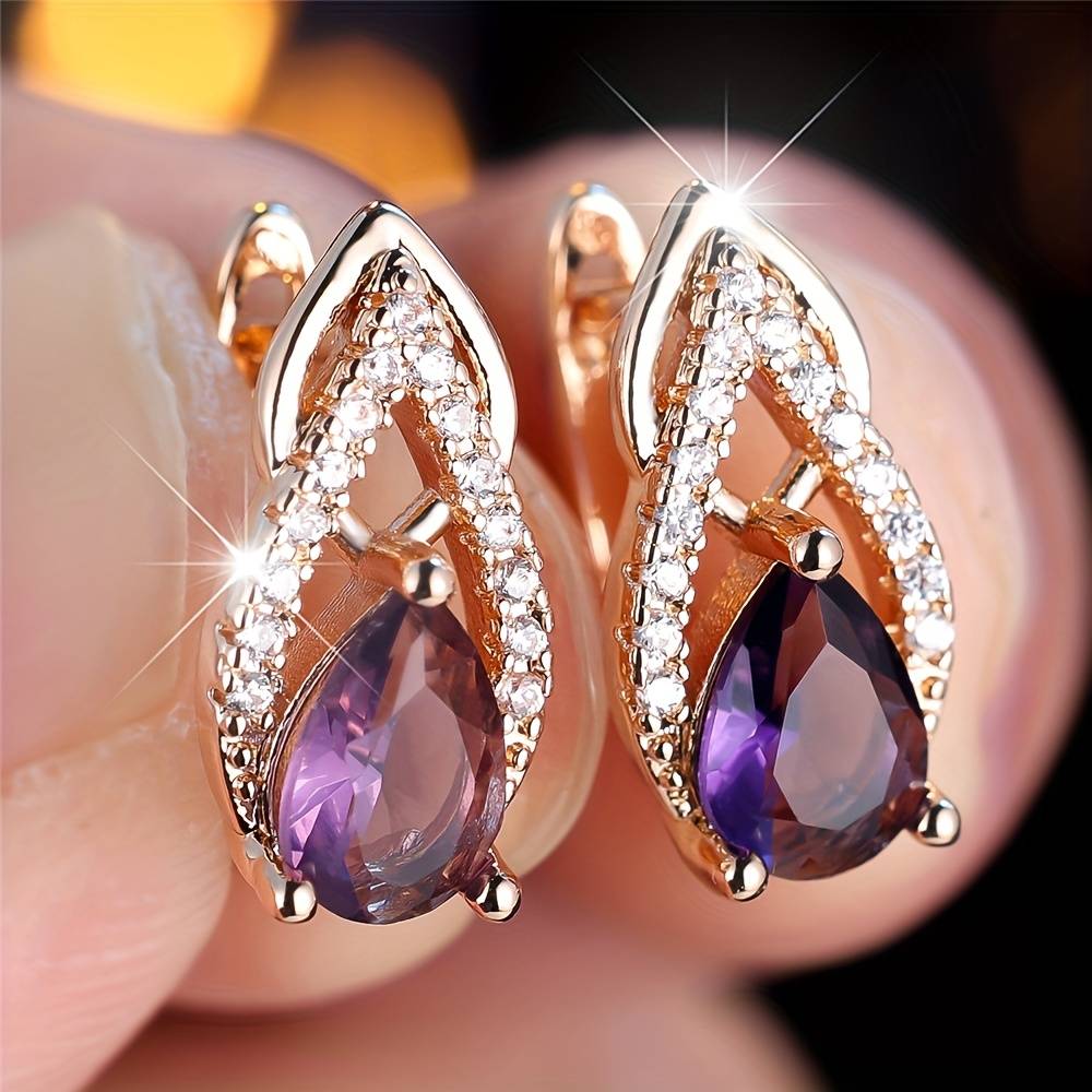 1 Pair Sparkling Purple Water Drop Synthetic Zirconia Drop Earrings Women Golden Color Vintage Wedding Jewelry