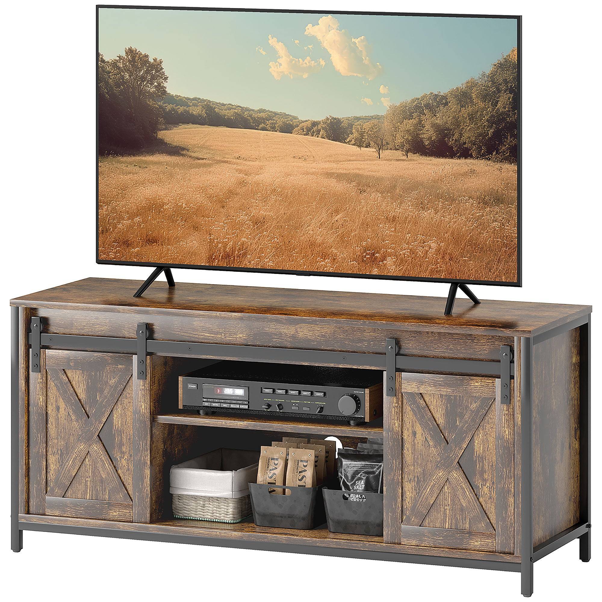 TV-lavbord, industrielt design, til 60" TV, 6 rum, 2 skydelåger, brun/sort