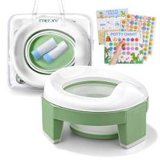 Potty toalettsits barn från 1 2 år 3-i-1 vikbar potty träningssätt baby AuBen inomhus, bärbar, resetoalett, resekrukor med resväska och engångs soppåsar (grön)