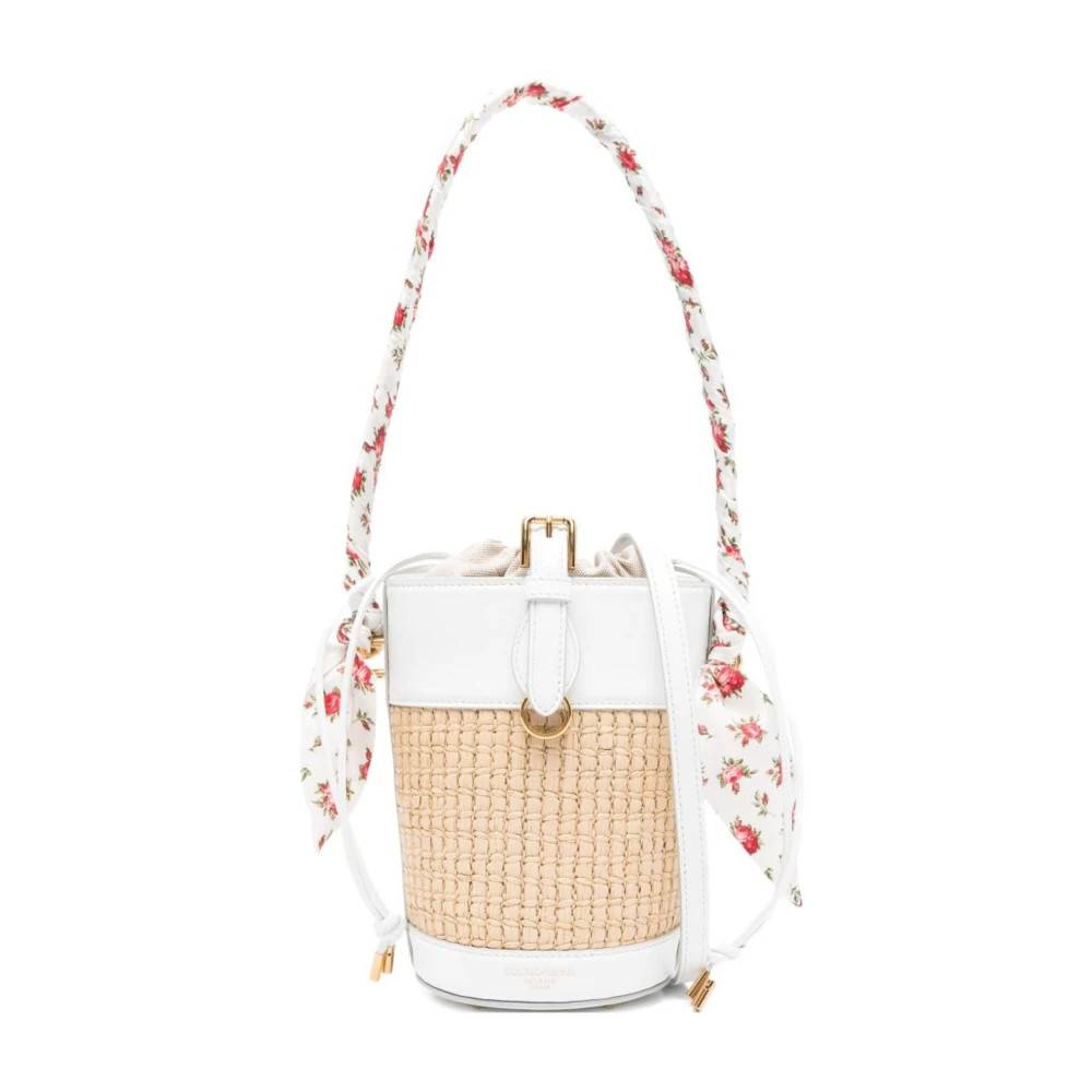 Dolce & Gabbana Vævet bucket bag med blomstret tørklædedetalje - Tasker - Dame - Beige - ONE SIZE - Læder