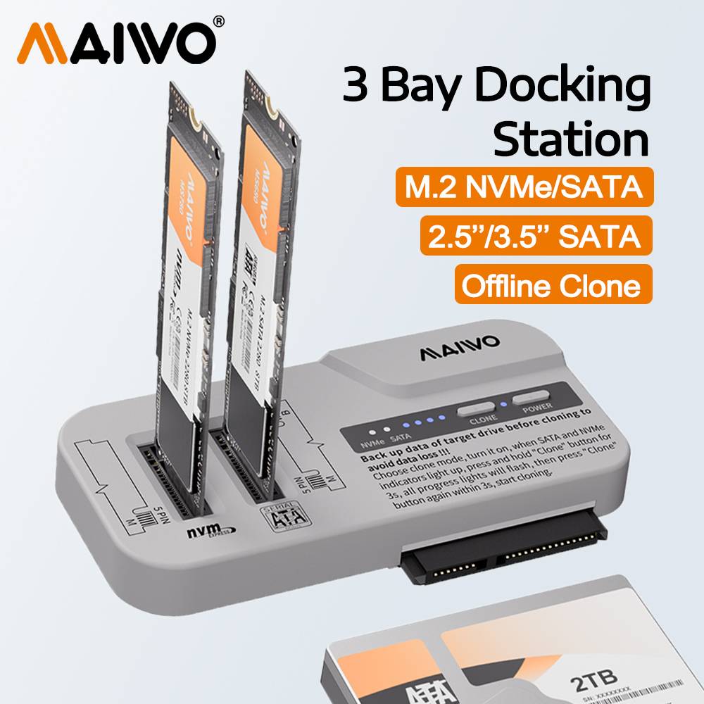 MAIWO 3 Bay Docking Station M.2 NVMe SATA SSD Case & 2.5 3.5 Inch SATA HDD Enclosure Support 30TB/8TB Adapter for Offline Clone