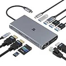USB C-hub, USB C-adapter, nivå 12 i 1 trippel displayadapter med dubbel 4K HDMI, DisplayPort, 100 W PD 3.0, RJ45 Ethernet, USB-A-USB-C-portar, TF/SD-kortläsare för MacBook och typ C bärbara datorer