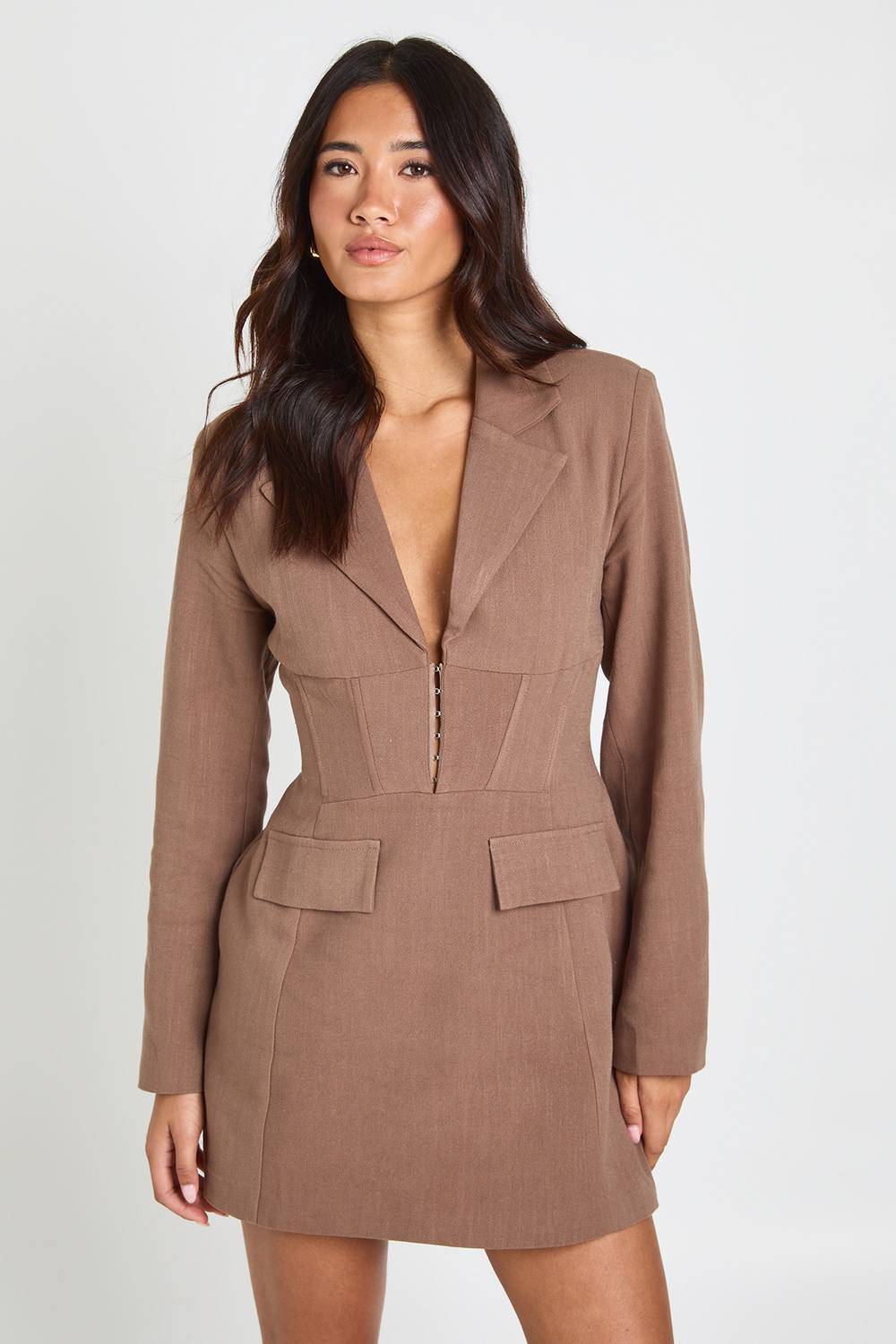 boohoo Dam Structured Contour Linen Look Blazer Dress | Chocolate | Storlek 40