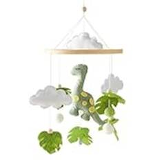 Toddler Mobile för Bassinet | Wood Kids Bassinet Mobile med filtbollar - 3D-moln Gröna löv Wind Chime, tecknad dinosaurie mobilt småbarnshänge multifunktionellt för pojkar, flickor, barn Meindin