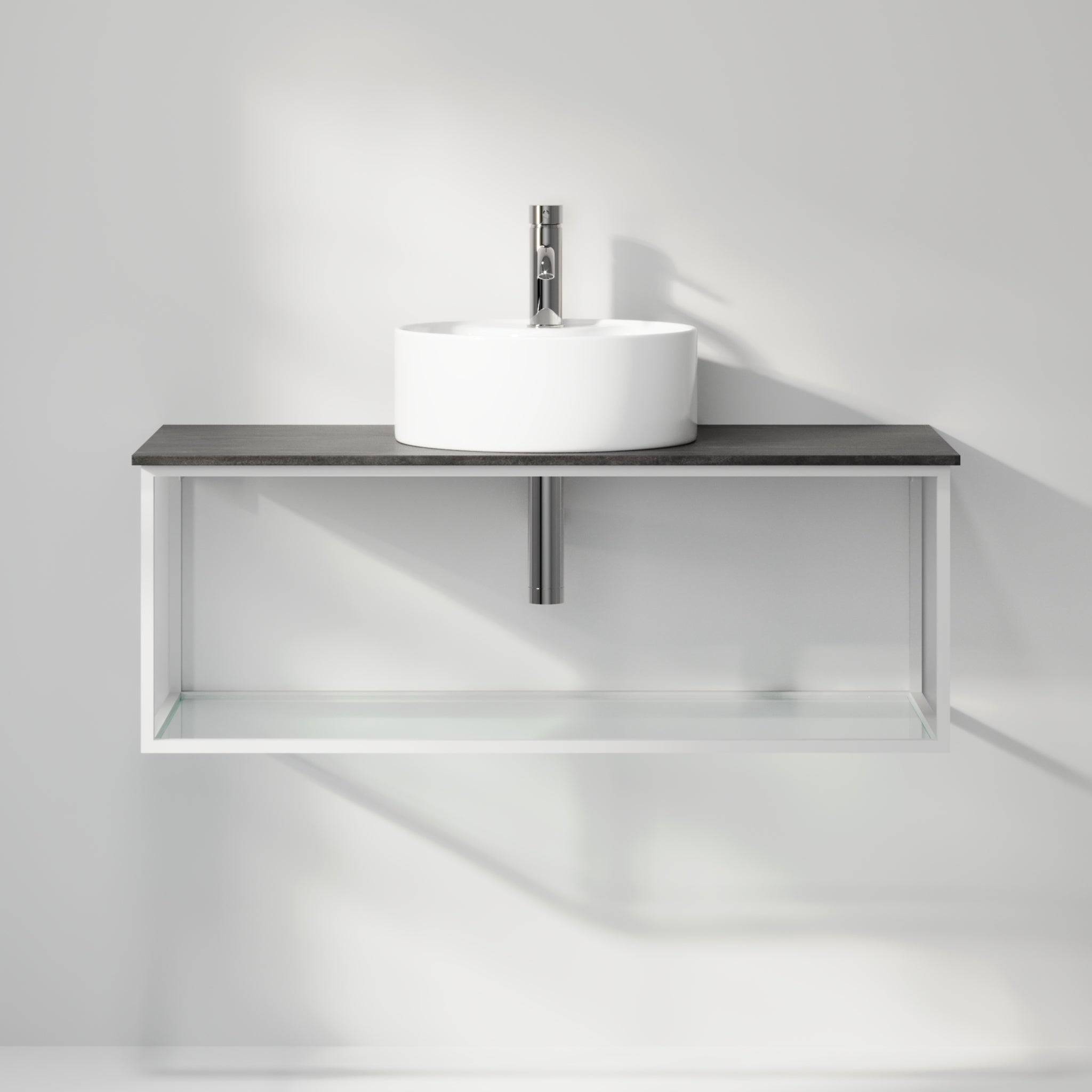 Badrumsmöbel med öppen metallram och botten i härdat glas - 100x46x50 cm - matt svart - vit fristående Porslin tvättställ - Bänkskiva i betonglook - Stenstorp