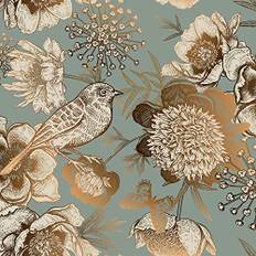 ReWallpaper Självhäftande Tapet Grön Guld Blommig Tapet Självhäftande Tapet Turkos Guld Med Fåglar Och Blommor Fototapet Vintage 44.5CM x 3M Självhäftande Tapet Vägghäftande Möbelmönster