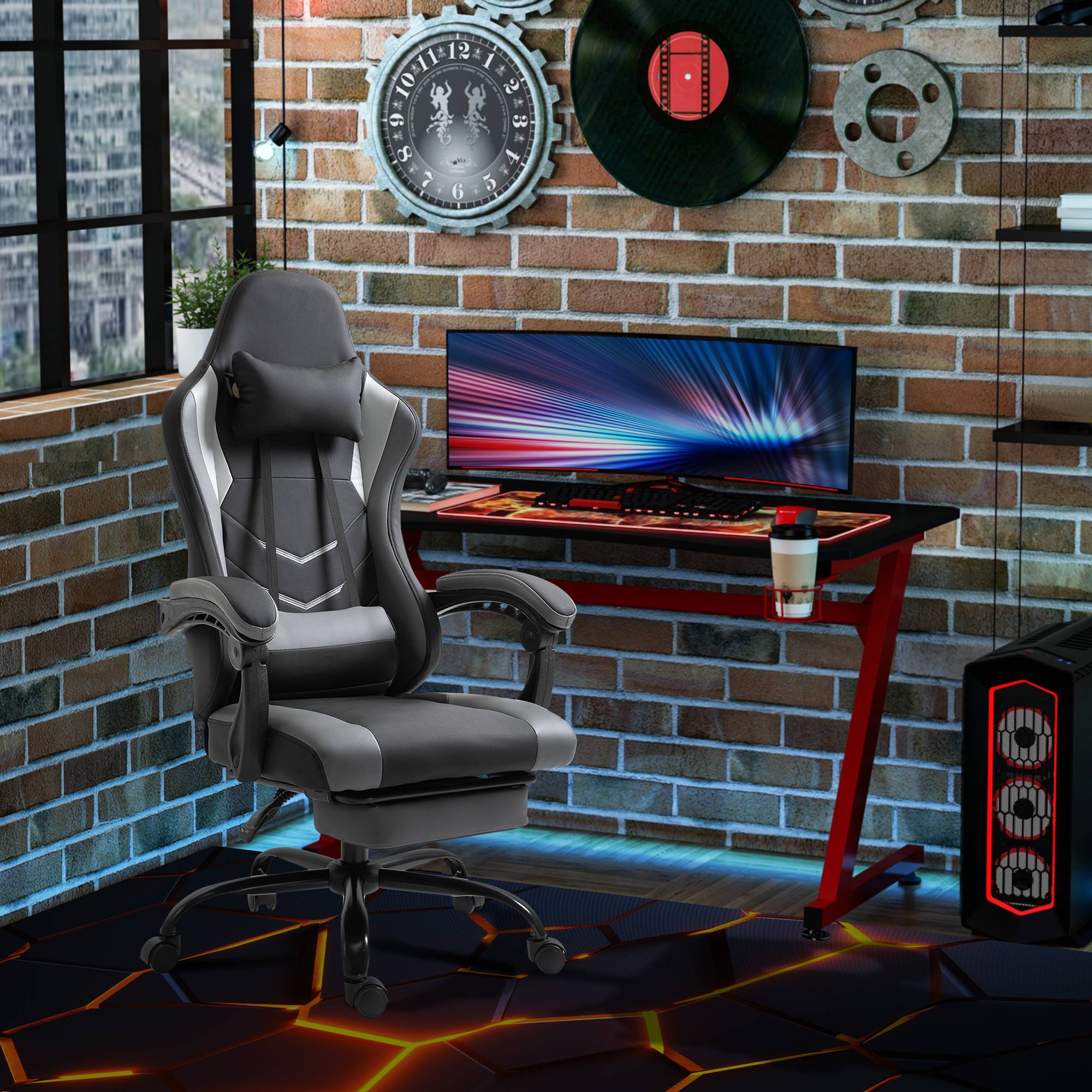 Gamingstol, Højdejusterbar med Nakkestøtte og Lændepude, Ergonomisk, Op til 120 kg, Med Fodstøtter, Sort.
