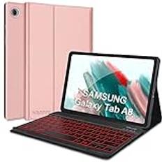 Tangentbordsfodral för Samsung Galaxy Tab A8 10,5 tum (‎SM-X200/205) 2021, tunt, avtagbart fodral, bakgrundsbelysning, 7 färger fransk Bluetooth [AZERTY] tangentbord, fodral med pennhållare, roséguld