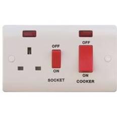 ESR Sline 45A White 2G Double Pole 230V Electric Wall Plate Cooker Switch and 13A Socket with Neons