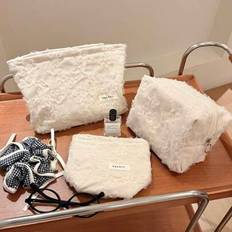 1 set vit bas manchester sminkväska med vitt spetsblommönster, förvaringsväska för sminkverktyg, bärbar vattentät sminkväska för utomhusbruk, L/M/S mo (Multi-size)