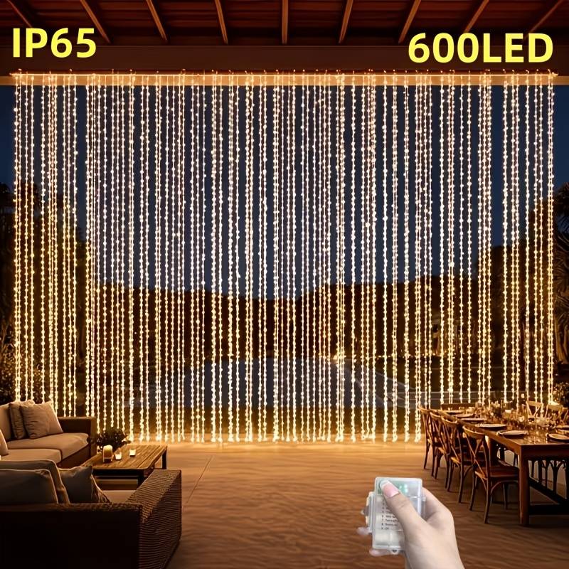 1pack Led Fairy Curtain String Lights With 600 Led Bulbs, 8 Outdoor Curtain Lights, Decorative Lighting For Backyard, Wedding, Halloween, Christmas And Party Decoration