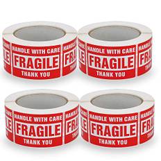 4 Rolls/2000 Labels, Handle with Care -Fragile- Thank You, Red Warning Shipping Label Stickers (50mm x 75mm) - BETCKEY