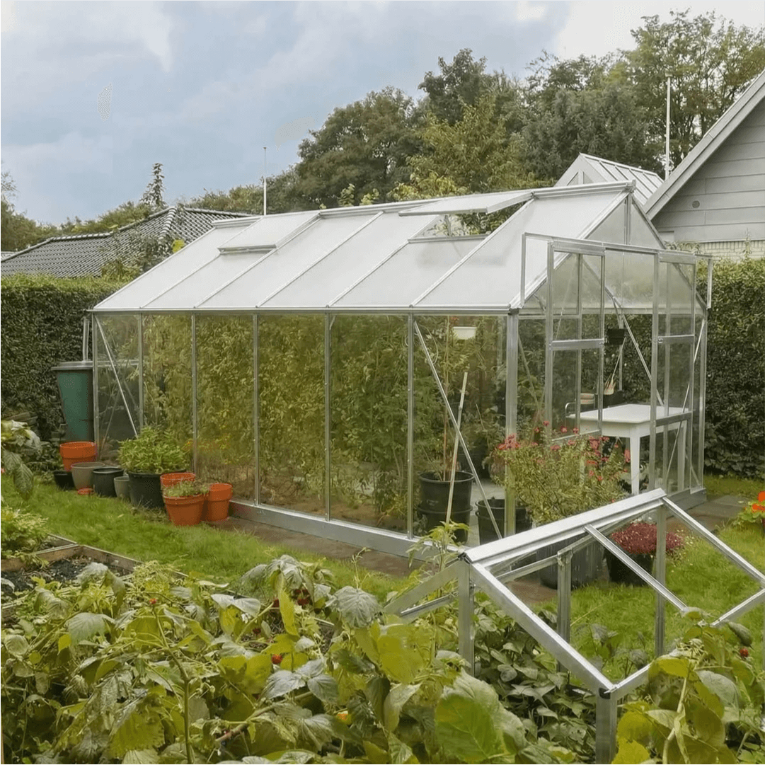 Drivhus Solid 12.5 M² - Ubehandlet aluminium / 6 mm. polycarbonat komplet / Blank stål sokkel