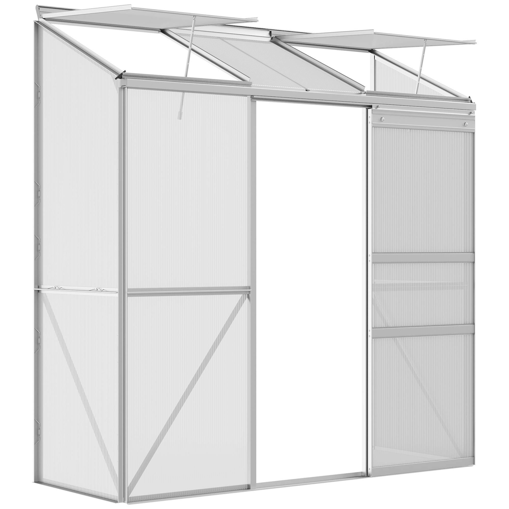 Växthus med lutande tak, Skjutdörr, Takfönster, Polykarbonat+Aluminium, Färg: Silver, 192 x 68 x 196 cm silver