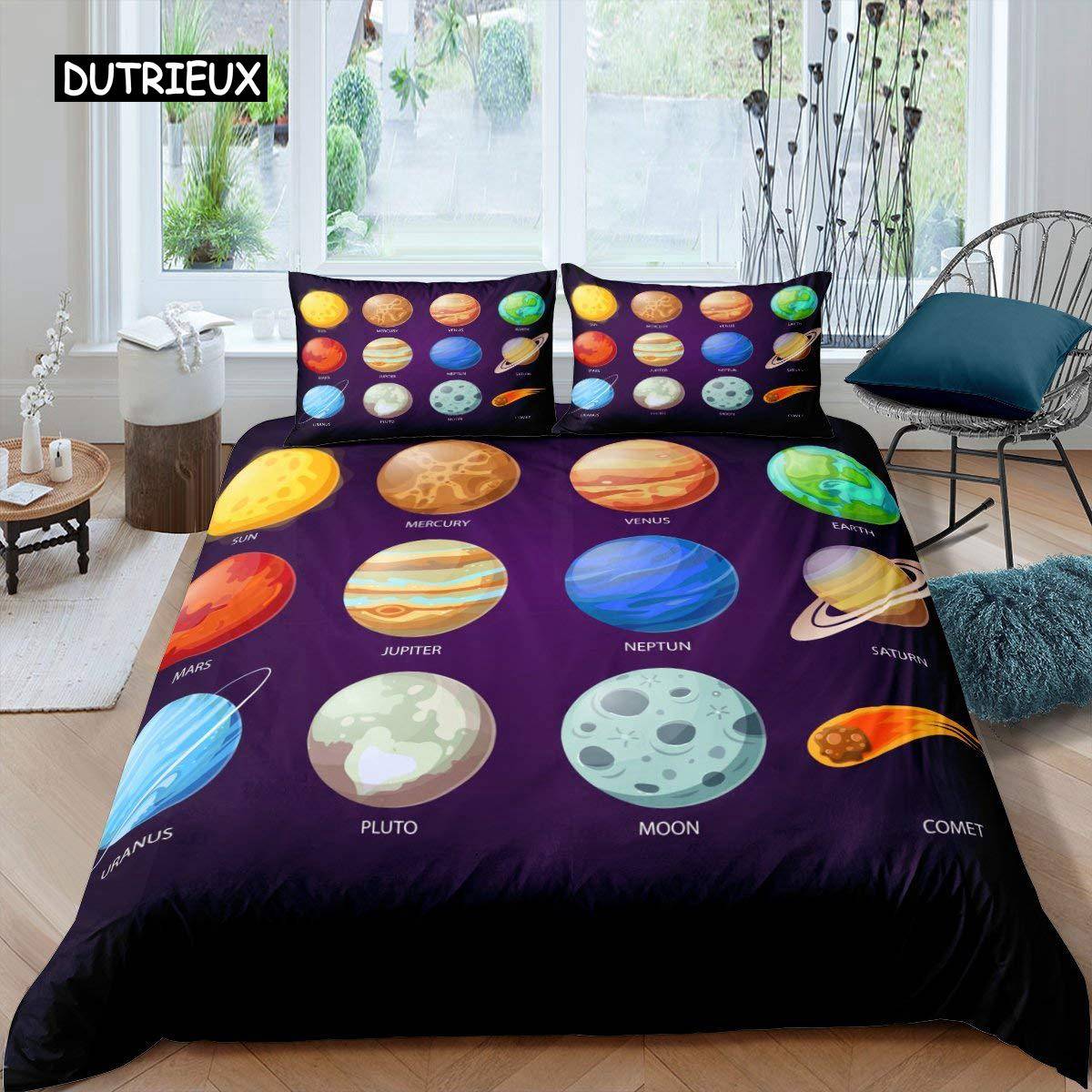 Sol System Täcke Set Twin King Mikrofiber Yttre Rymden Galax Sängkläder Set Universum Planet Astronomi King Size Täcke AU Double(180x210cm)