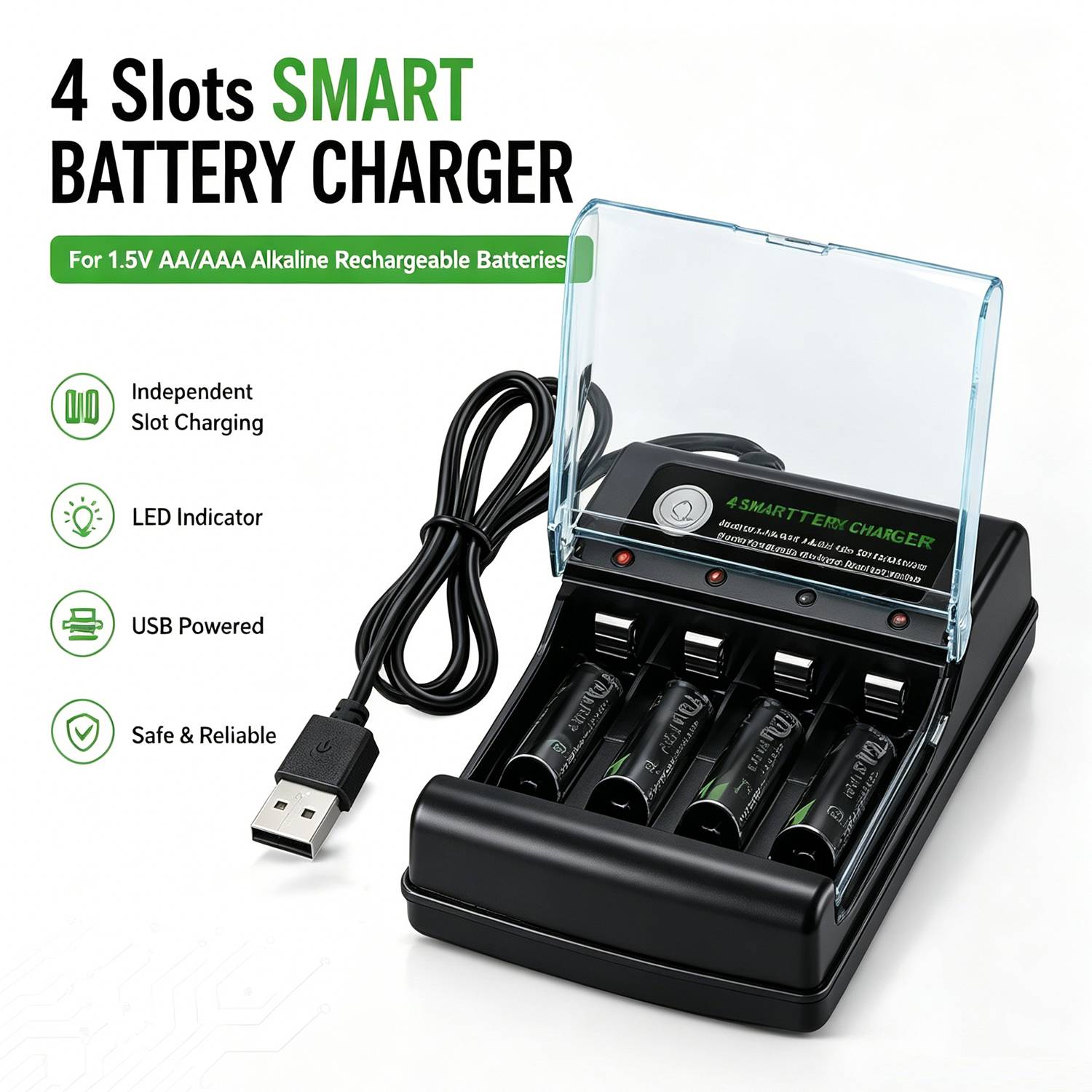 1.5VAA AAA Rechargeable Battery Charger 4 Slot Smart Independent USB Charger for Alkaline Batteries with Red Green LED Indicator