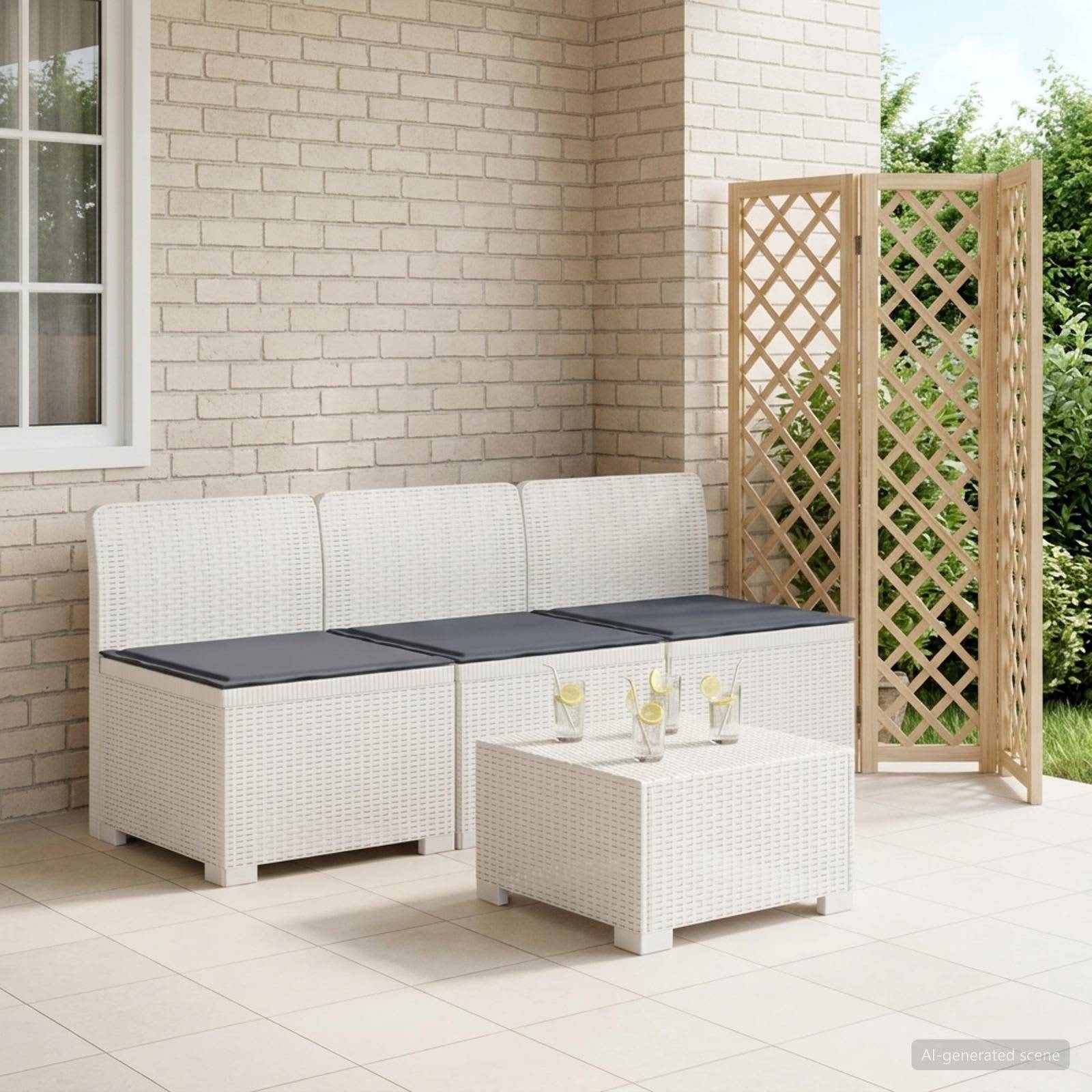 3-personers havensofa med puder i rattanlook PP Hvid