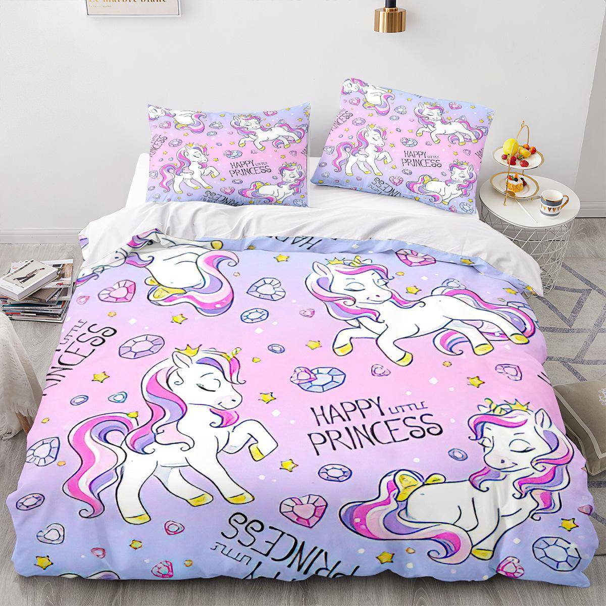 Enhörning Påslakanset Tecknad Galaxy Regnbågsfärgstark Enhörning Söt Romantiskt Tema För Barn Flickor Polyester Täcke US Twin(172x218cm)