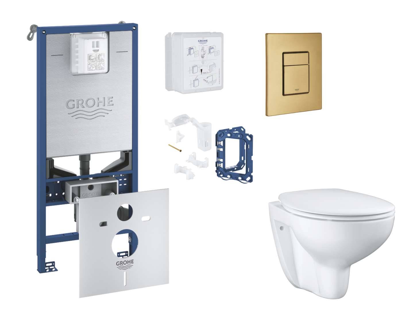 Grohe Rapid SLX - Set med skottinstallation, toalett, SoftClose-sits, Skate Cosmopolitan-knapp och sats för tablettinsättning, borstad Cool Sunrise SANI11BB4141