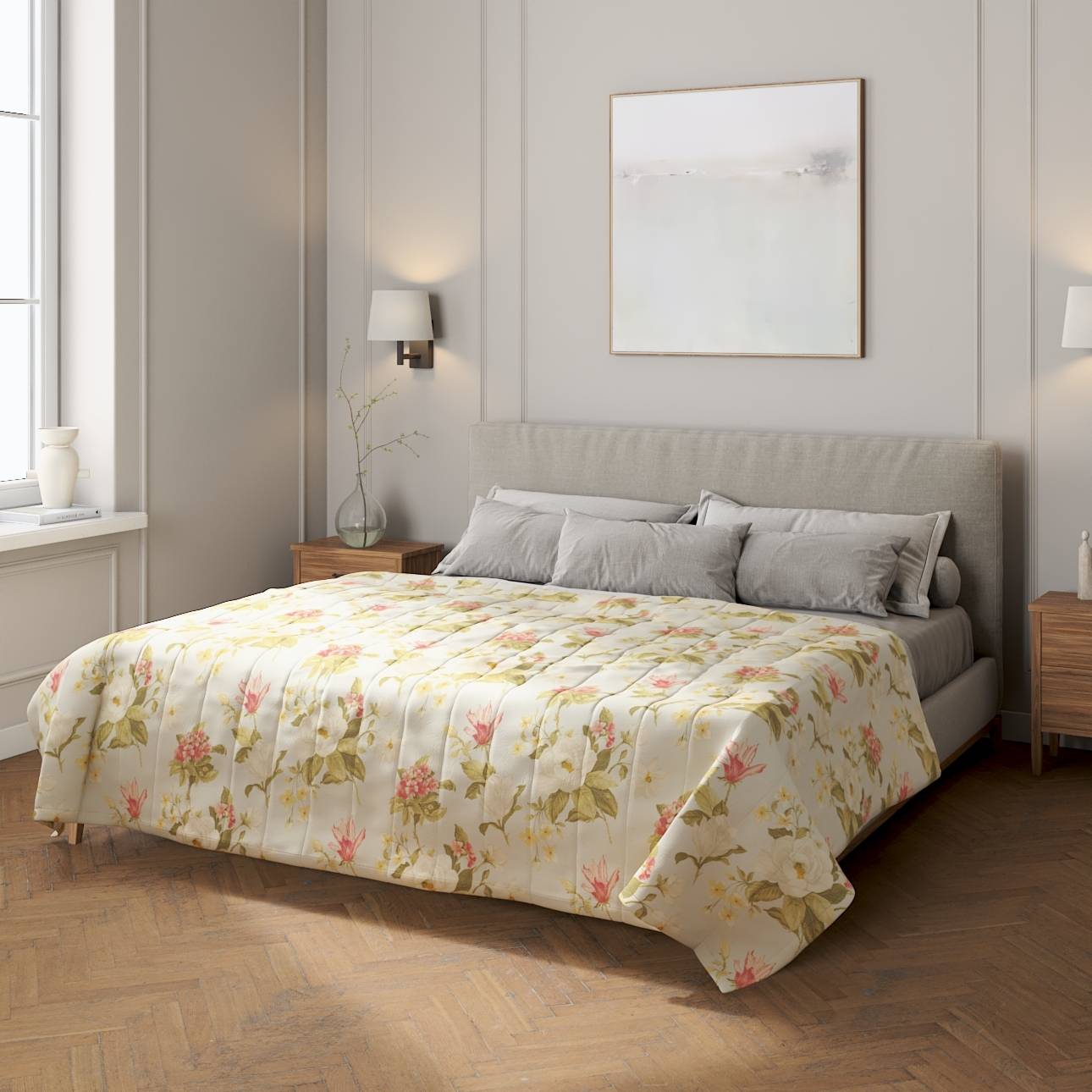 Sengetæppe quiltet<br/>10cm striber, Mintblå med print, Londres