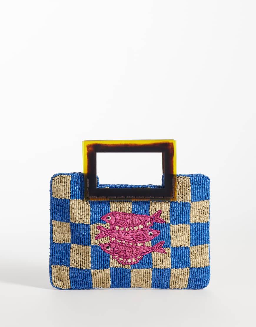 ASOS DESIGN - Blå clutch-taske med perler, fiskedesign, skaktern og hanke i resin - No Size