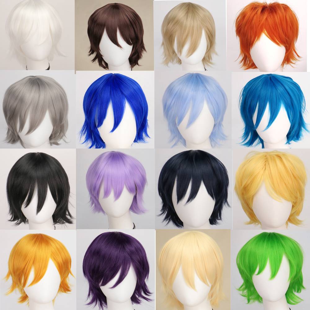 Synthetic Unisex 12 Inches Short Cosplay Hair Party White Red Pink Blonde Orange Yellow Wigs with Bangs Lolita Wig For Men Women
