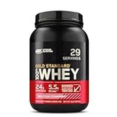 Optimum Nutrition ON Gold standard whey proteinpulver, protevitpulver för muskeluppbyggnad, naturligt inkluderat BCAA och glutamin, utsökt jordgubb, 30 portioner, 908 g, förpackningen kan variera