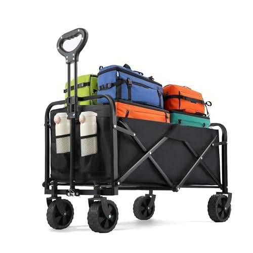 Vikbar rullvagn med teleskopiskt handtag, rullvagn, vikbar med mugghållare, vikbar rullvagn, hopfällbar för alla terränger, strand utomhus, camping shopping