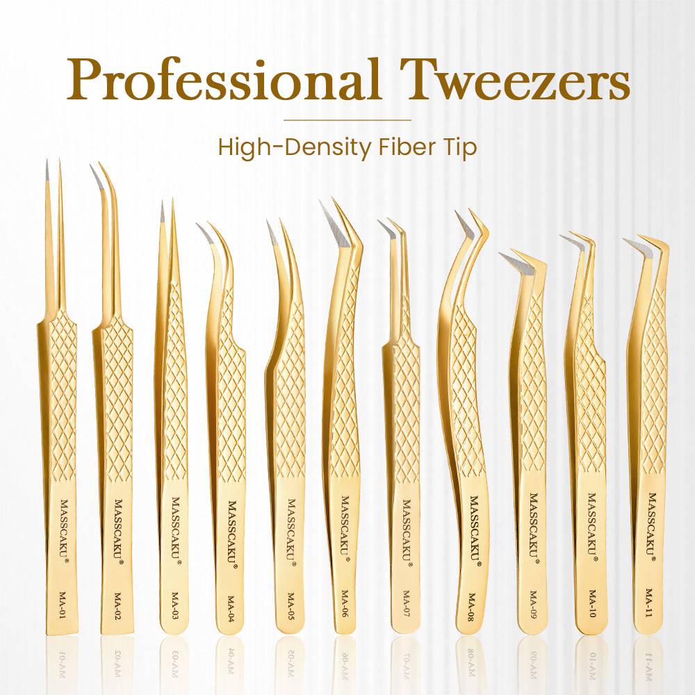 MASSCAKU Eyelash Extension Tweezers Fiber Tip Gold Stainless Steel Lash Pickup Tool for Volume Fans Classic Lash Isolation
