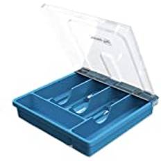 Plast Besticklåda med Lock, Bestickbricka för Lådor med 5 Fack, Stor Storlek Fallresistent Bestick Förvaringslåda, Lämplig för Förvaring av Köksredskap eller Camping, 30 * 30 * 7cm (blå)