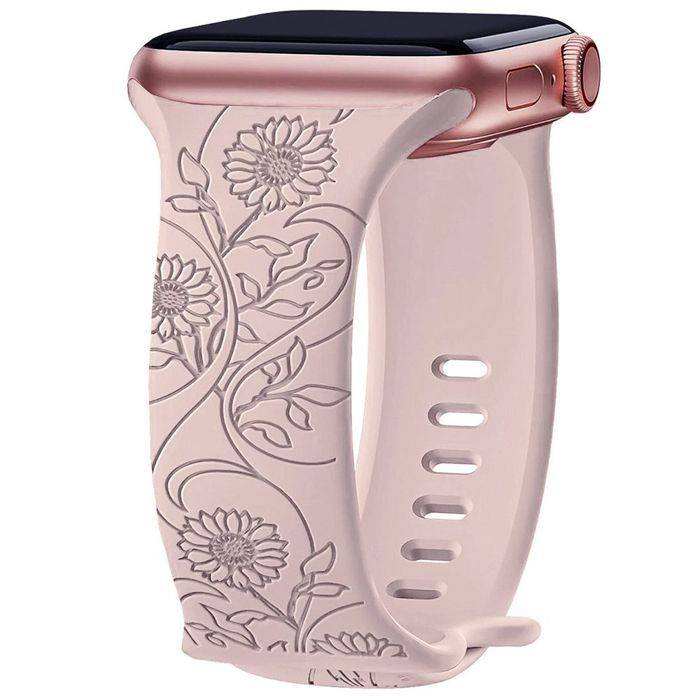 Bracelet pour Apple Watch Series 11 10 9 8 SE 7 6 5 4 3 2 1 Ultra 1/2/3, 42mm-44mm-45mm-46mm-49mm Silicone Motif Tournesol Rose