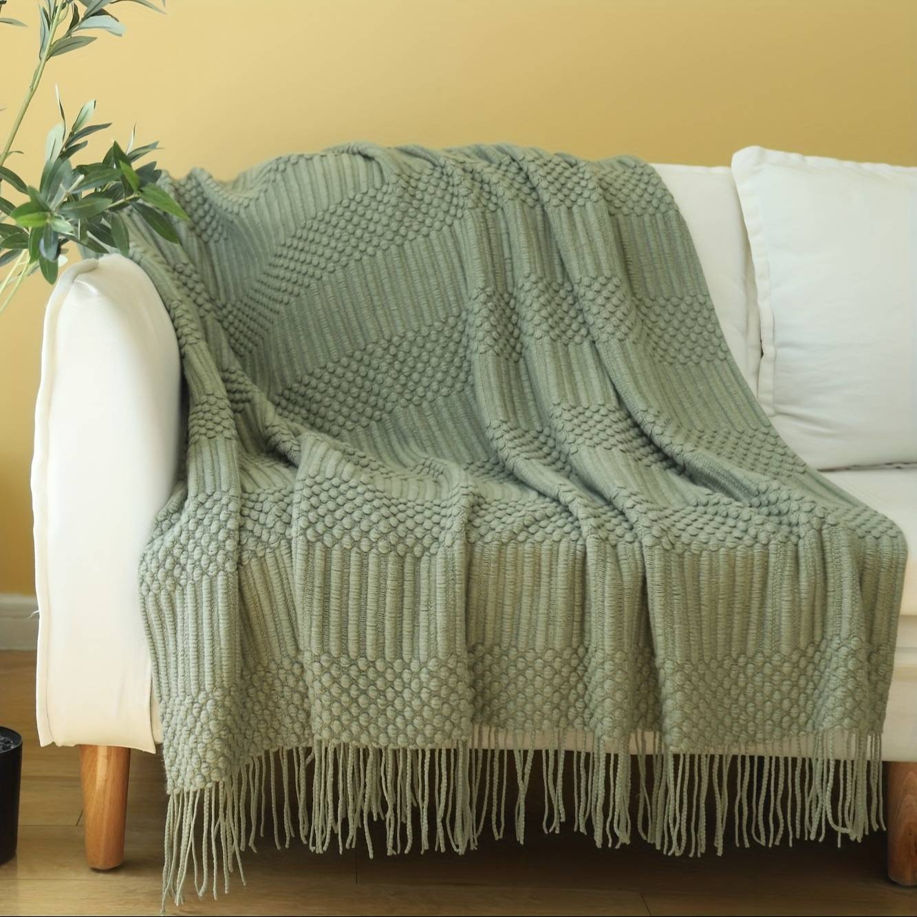 TEMU Textured Throw Blanket With Tassels - Soft Lightweight Boho Decorative Blanket For Couch Sofa Bed, All Season Gift (50"x60"/60"x80")