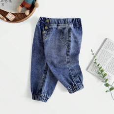 Baby Boys Casual Mjuk Söt Basic Button Decoration Loose Fit Blue Denim Jogger Jeans, Casual Lämplig för Baby Boys Höstkläder inomhus/utomhus - Mediumtvätt (6-9M,9-12M,12-18M,18-24M,2-3Y)