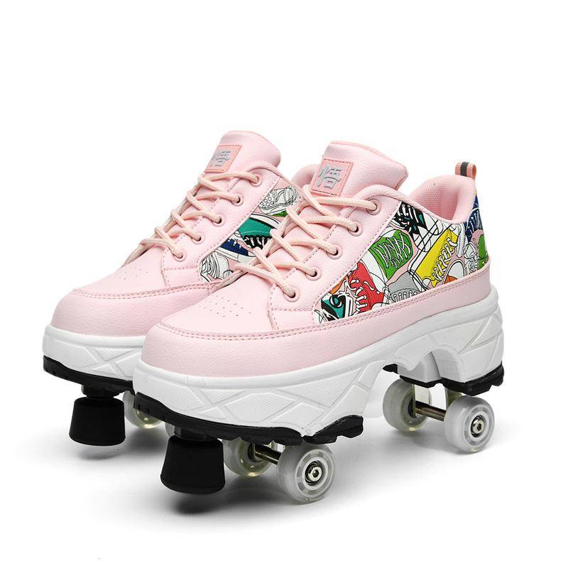 Dual-purpose Skating Roller Skates Deformed Shoes Double-row Runaway Roller Skates White Low-top Speed Skating Four-wheel Luminous Wheels Shoes 40