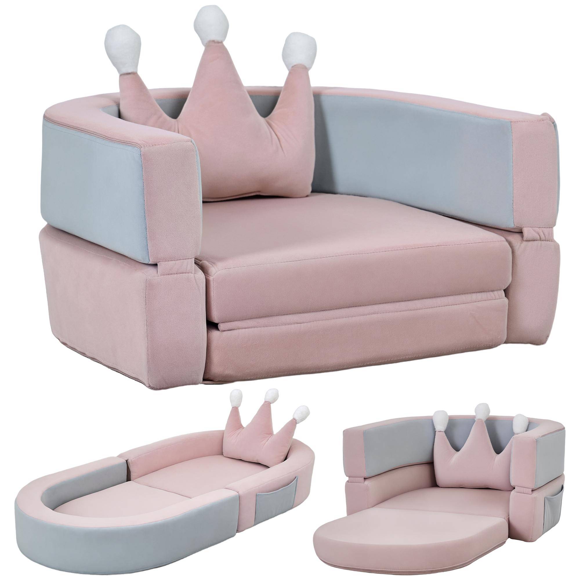 Barnsoffa omvandlingsbar till säng och lekområde med kronkudde 116x61x14 cm Rosa och gråblå 14cm rosa
